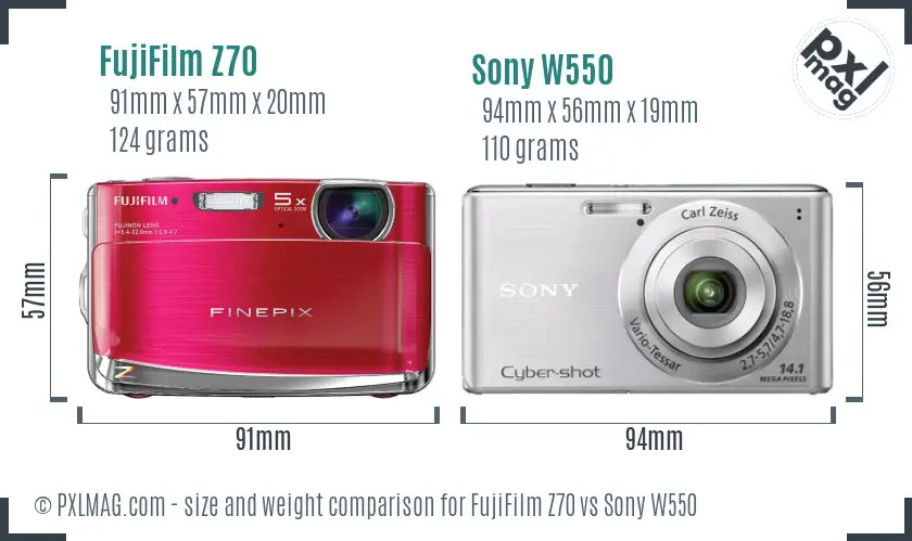 FujiFilm Z70 vs Sony W550 size comparison