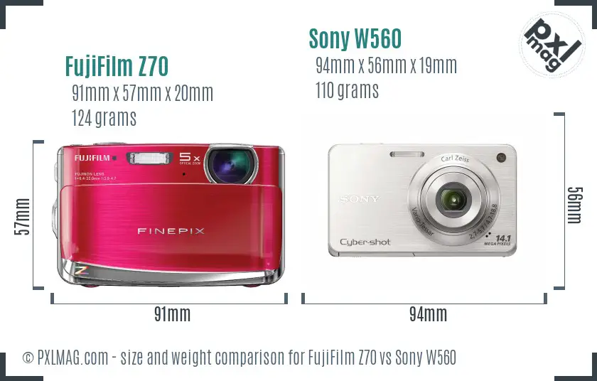 FujiFilm Z70 vs Sony W560 size comparison