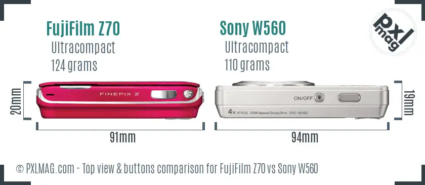 FujiFilm Z70 vs Sony W560 top view buttons comparison