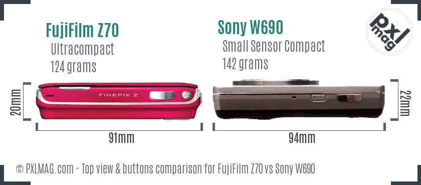 FujiFilm Z70 vs Sony W690 top view buttons comparison