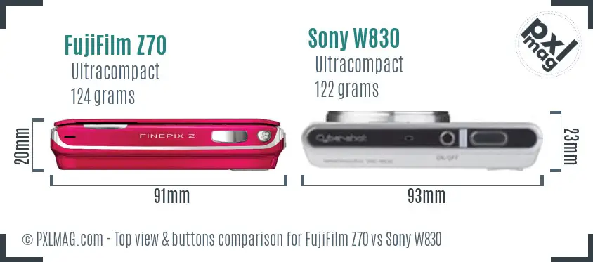FujiFilm Z70 vs Sony W830 top view buttons comparison FujiFilm Z70 vs Sony W830 top view buttons comparison