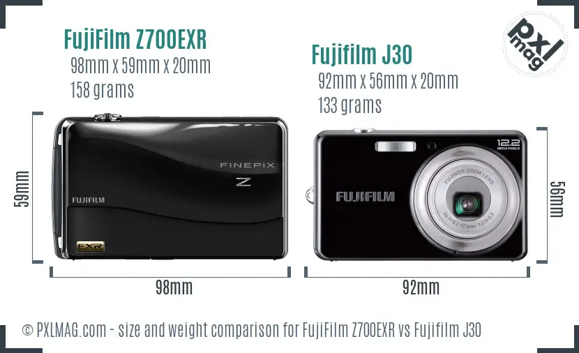 FujiFilm Z700EXR vs Fujifilm J30 size comparison