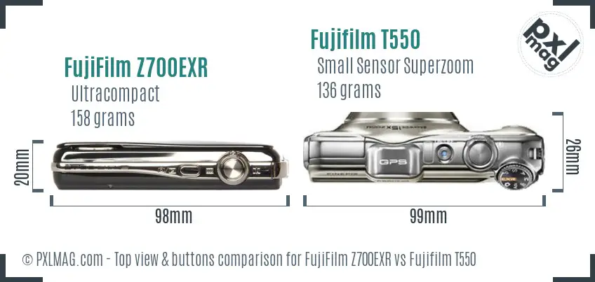 FujiFilm Z700EXR vs Fujifilm T550 top view buttons comparison
