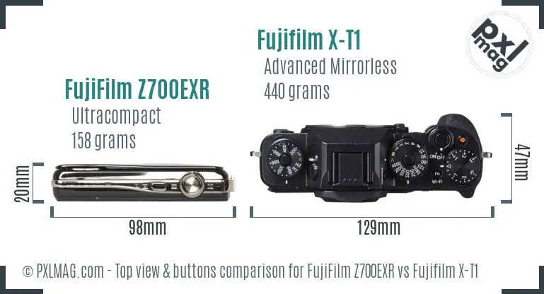 FujiFilm Z700EXR vs Fujifilm X-T1 top view buttons comparison