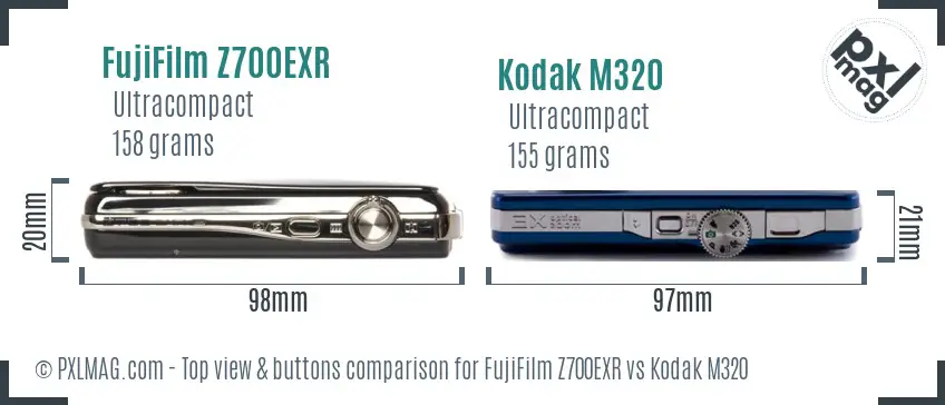 FujiFilm Z700EXR vs Kodak M320 top view buttons comparison