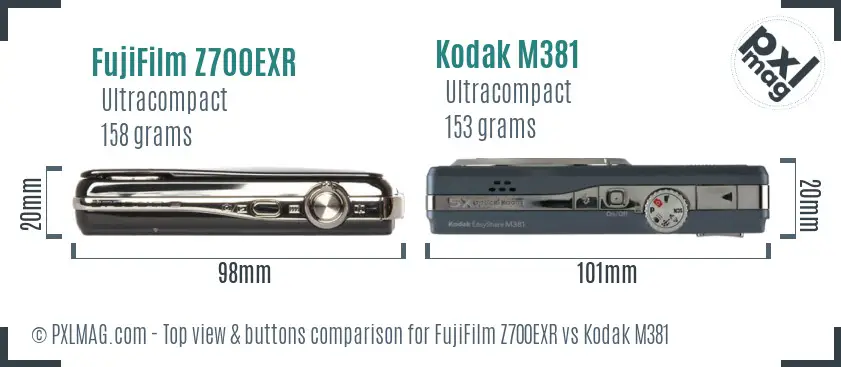 FujiFilm Z700EXR vs Kodak M381 top view buttons comparison