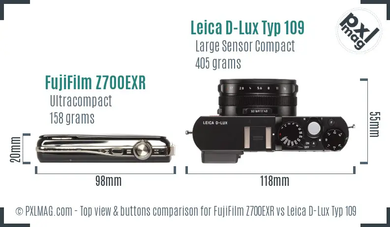 FujiFilm Z700EXR vs Leica D-Lux Typ 109 top view buttons comparison