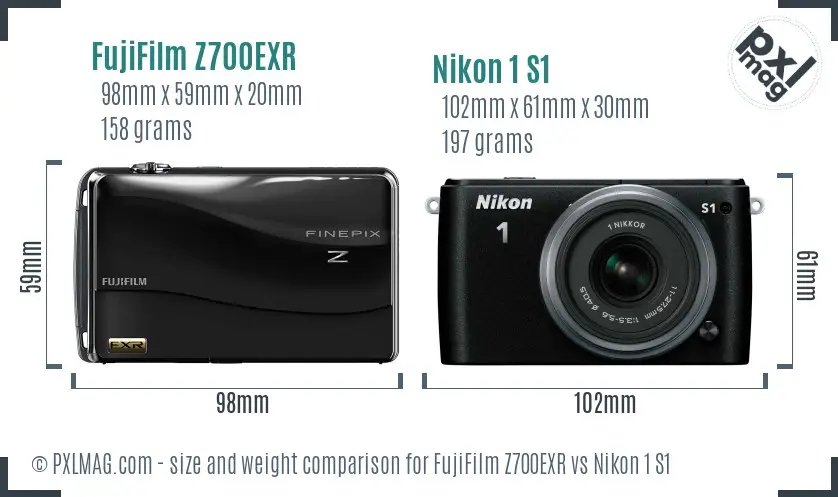 FujiFilm Z700EXR vs Nikon 1 S1 size comparison
