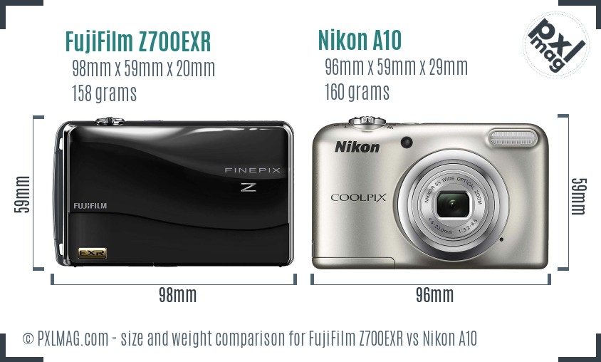FujiFilm Z700EXR vs Nikon A10 size comparison