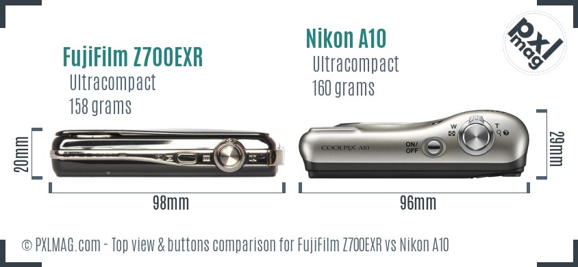 FujiFilm Z700EXR vs Nikon A10 top view buttons comparison