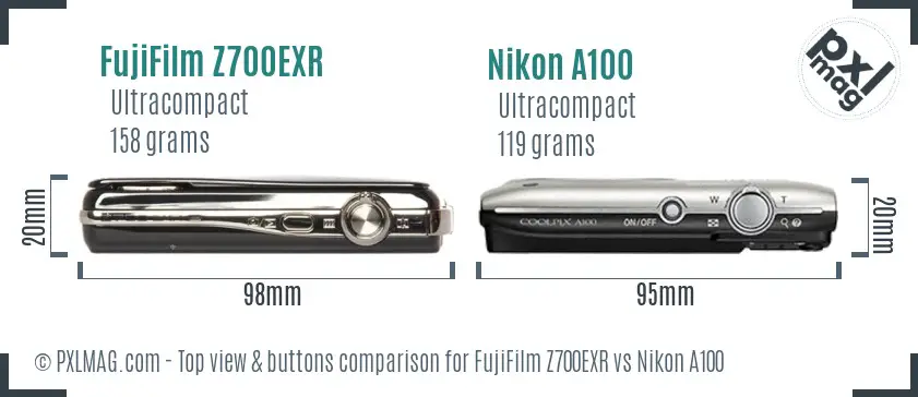 FujiFilm Z700EXR vs Nikon A100 top view buttons comparison FujiFilm Z700EXR vs Nikon A100 top view buttons comparison