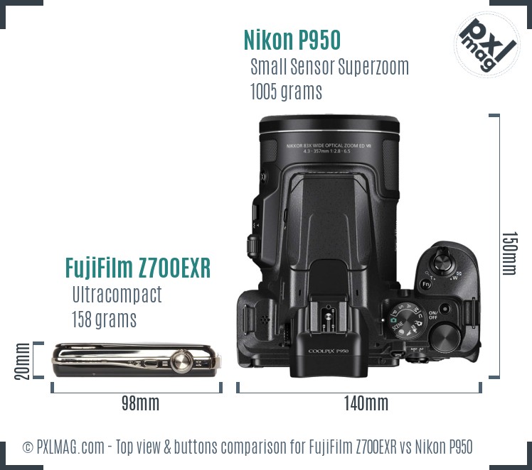 FujiFilm Z700EXR vs Nikon P950 top view buttons comparison