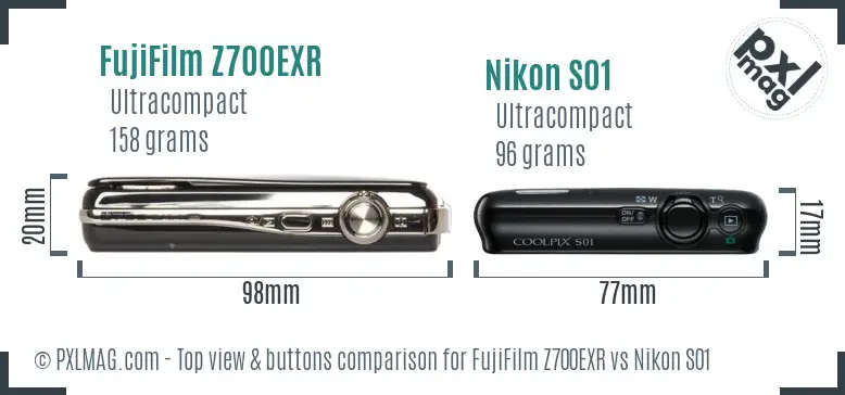 FujiFilm Z700EXR vs Nikon S01 top view buttons comparison
