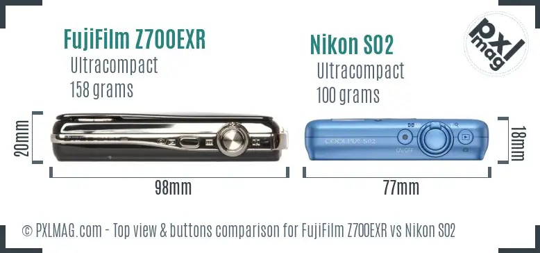 FujiFilm Z700EXR vs Nikon S02 top view buttons comparison FujiFilm Z700EXR vs Nikon S02 top view buttons comparison