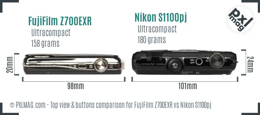 FujiFilm Z700EXR vs Nikon S1100pj top view buttons comparison