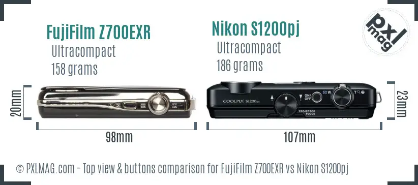 FujiFilm Z700EXR vs Nikon S1200pj top view buttons comparison