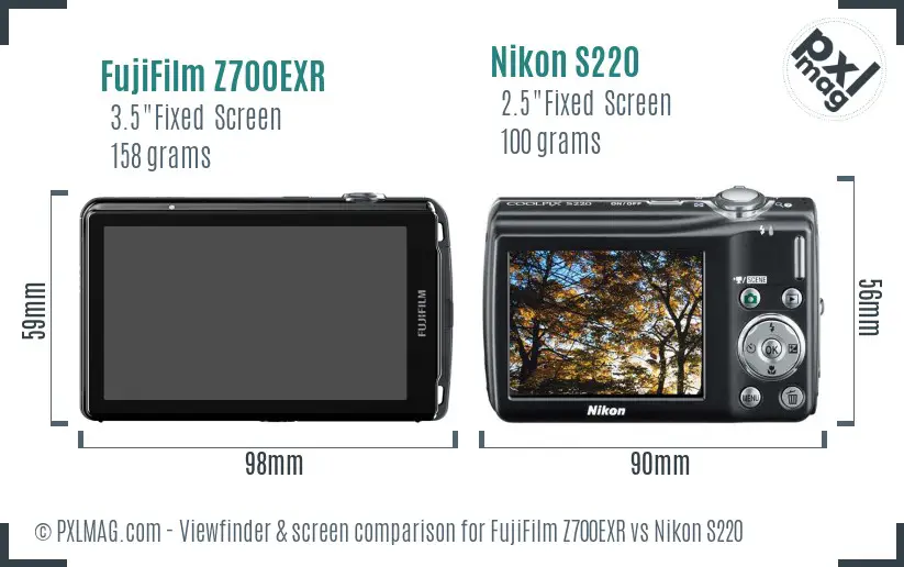 FujiFilm Z700EXR vs Nikon S220 Screen and Viewfinder comparison