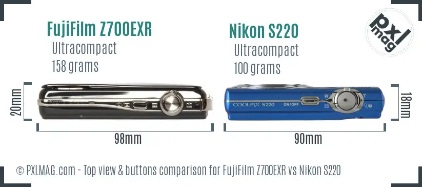 FujiFilm Z700EXR vs Nikon S220 top view buttons comparison