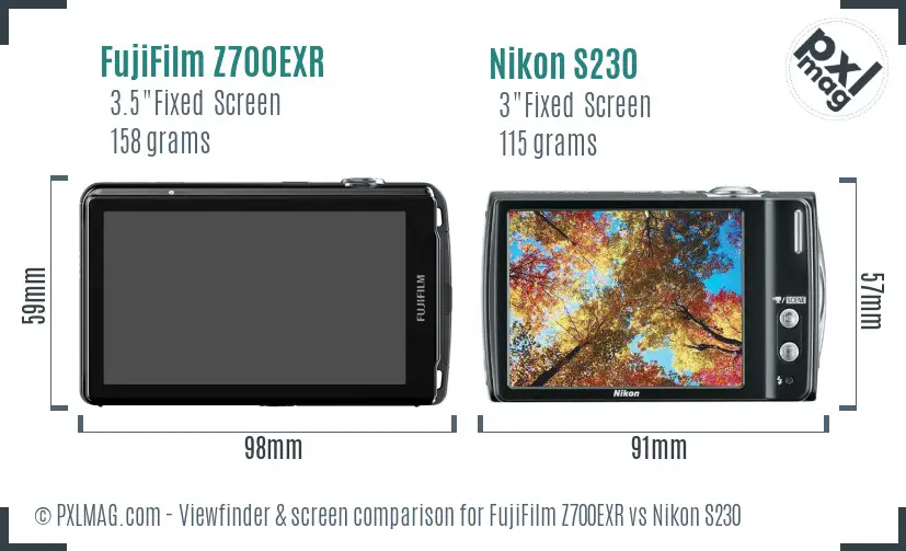 FujiFilm Z700EXR vs Nikon S230 Screen and Viewfinder comparison