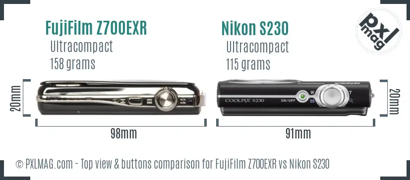 FujiFilm Z700EXR vs Nikon S230 top view buttons comparison