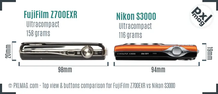 FujiFilm Z700EXR vs Nikon S3000 top view buttons comparison FujiFilm Z700EXR vs Nikon S3000 top view buttons comparison