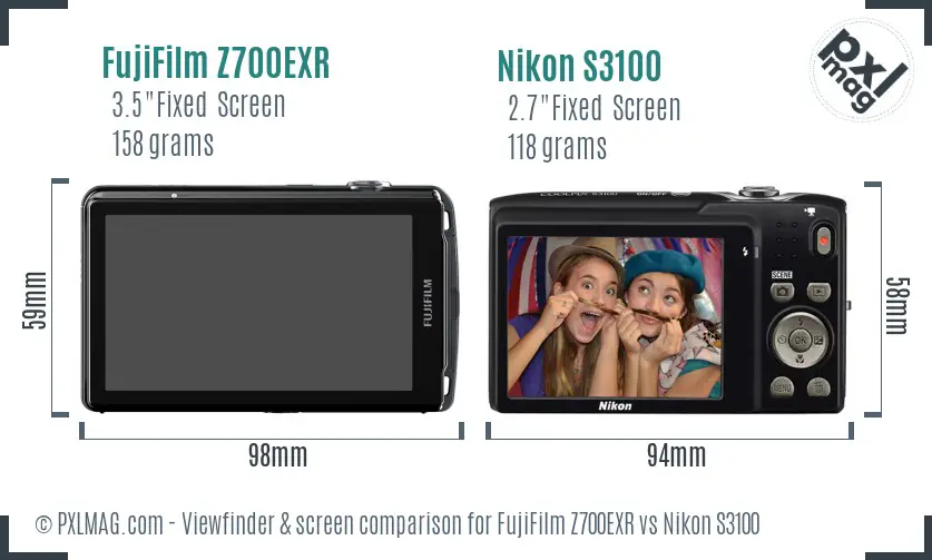 FujiFilm Z700EXR vs Nikon S3100 Screen and Viewfinder comparison