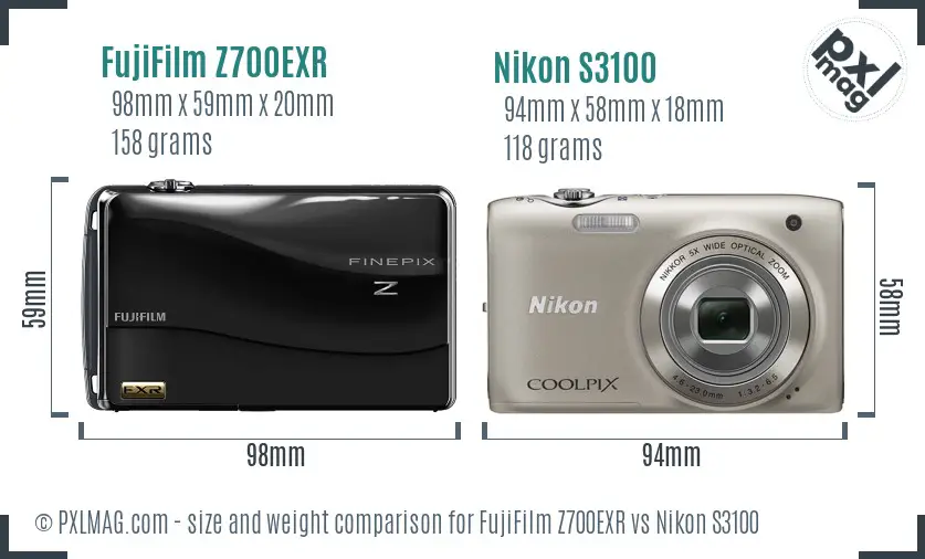 FujiFilm Z700EXR vs Nikon S3100 size comparison