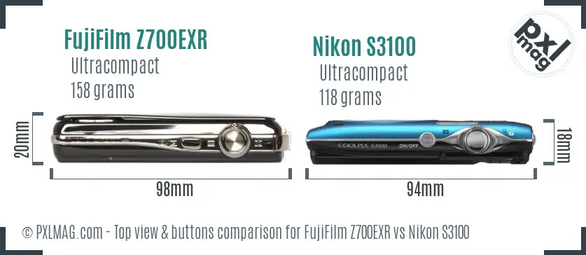 FujiFilm Z700EXR vs Nikon S3100 top view buttons comparison