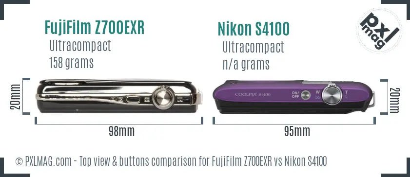 FujiFilm Z700EXR vs Nikon S4100 top view buttons comparison