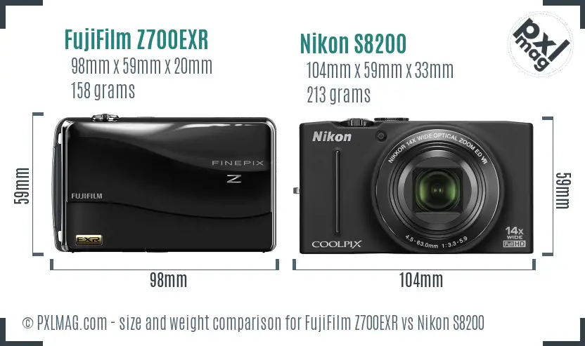 FujiFilm Z700EXR vs Nikon S8200 size comparison