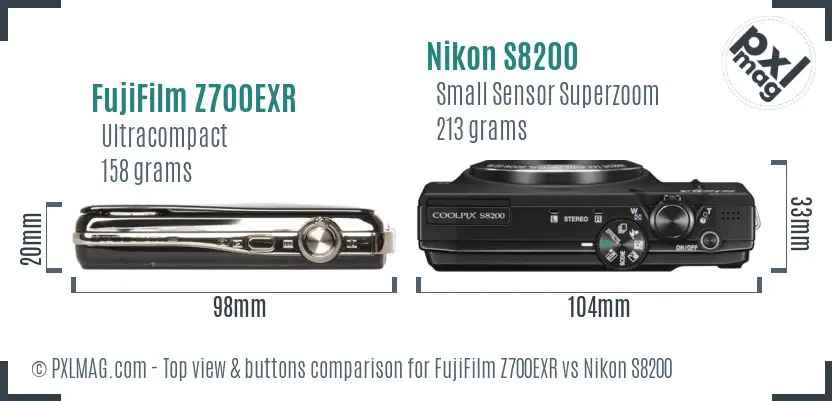 FujiFilm Z700EXR vs Nikon S8200 top view buttons comparison