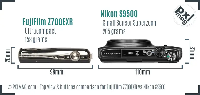 FujiFilm Z700EXR vs Nikon S9500 top view buttons comparison