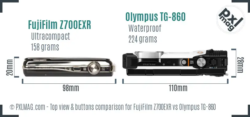 FujiFilm Z700EXR vs Olympus TG-860 top view buttons comparison