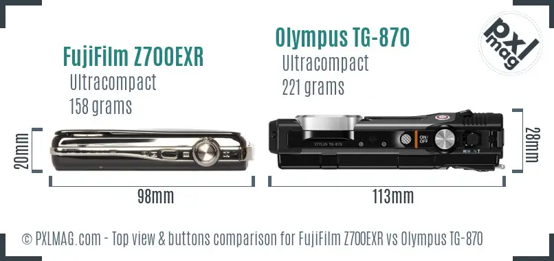 FujiFilm Z700EXR vs Olympus TG-870 top view buttons comparison