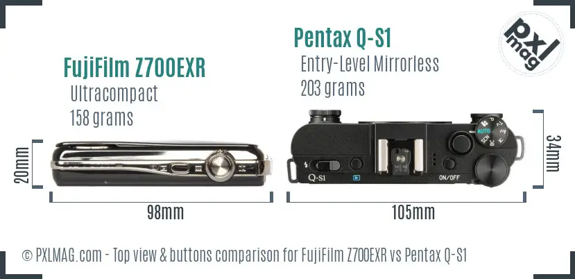 FujiFilm Z700EXR vs Pentax Q-S1 top view buttons comparison