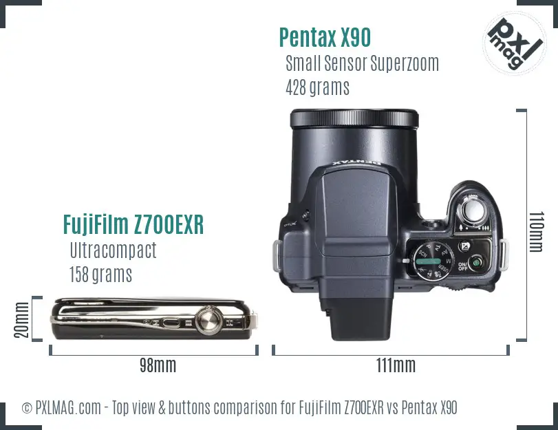 FujiFilm Z700EXR vs Pentax X90 top view buttons comparison