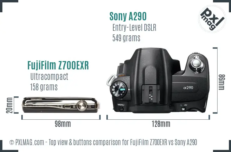FujiFilm Z700EXR vs Sony A290 top view buttons comparison