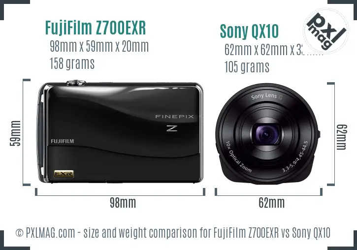 FujiFilm Z700EXR vs Sony QX10 size comparison