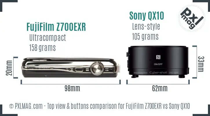 FujiFilm Z700EXR vs Sony QX10 top view buttons comparison