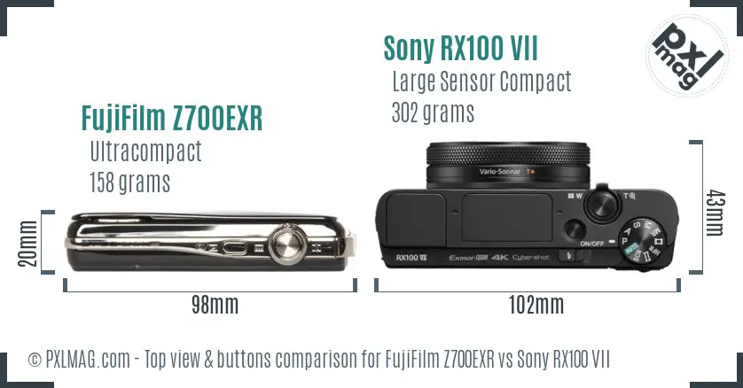 FujiFilm Z700EXR vs Sony RX100 VII top view buttons comparison