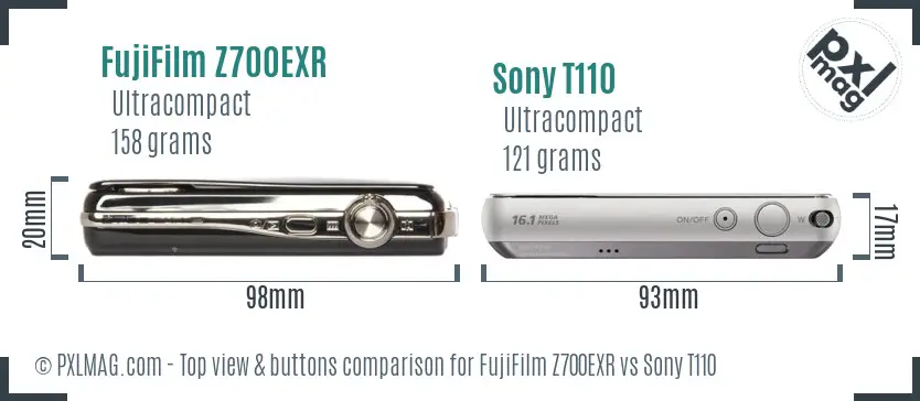 FujiFilm Z700EXR vs Sony T110 top view buttons comparison