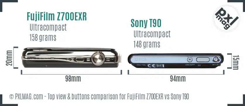 FujiFilm Z700EXR vs Sony T90 top view buttons comparison