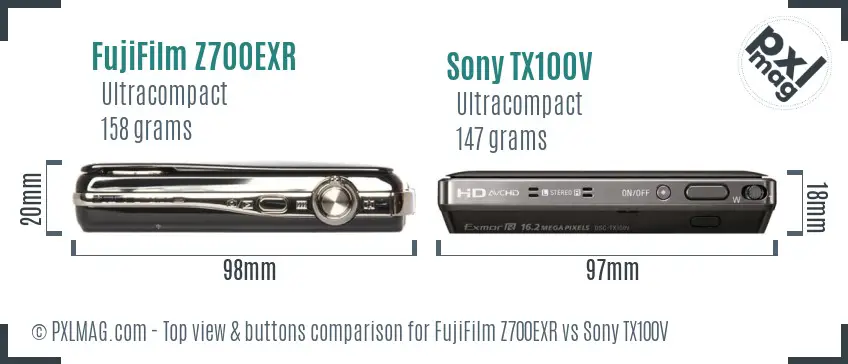 FujiFilm Z700EXR vs Sony TX100V top view buttons comparison