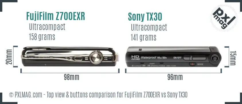 FujiFilm Z700EXR vs Sony TX30 top view buttons comparison