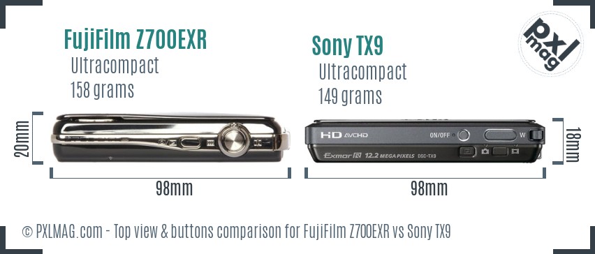 FujiFilm Z700EXR vs Sony TX9 top view buttons comparison
