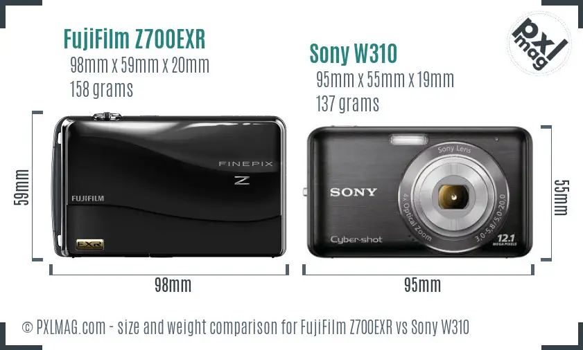 FujiFilm Z700EXR vs Sony W310 size comparison