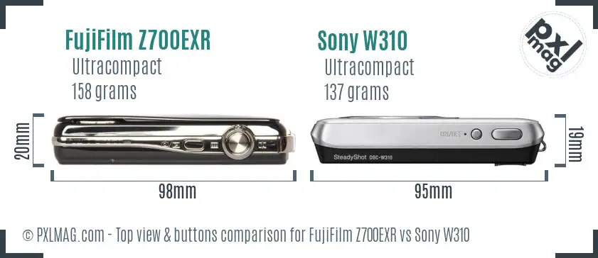 FujiFilm Z700EXR vs Sony W310 top view buttons comparison