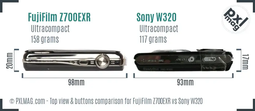 FujiFilm Z700EXR vs Sony W320 top view buttons comparison