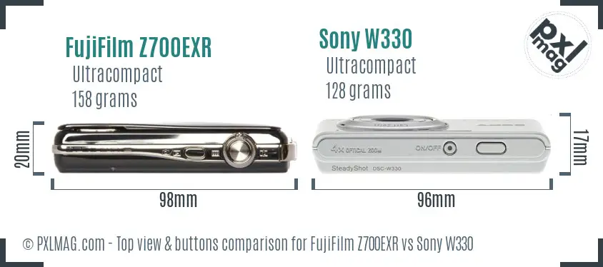 FujiFilm Z700EXR vs Sony W330 top view buttons comparison