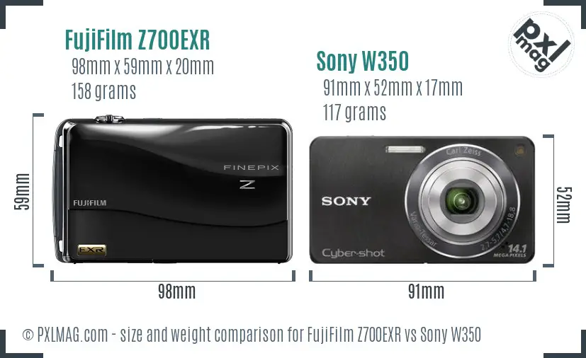 FujiFilm Z700EXR vs Sony W350 size comparison